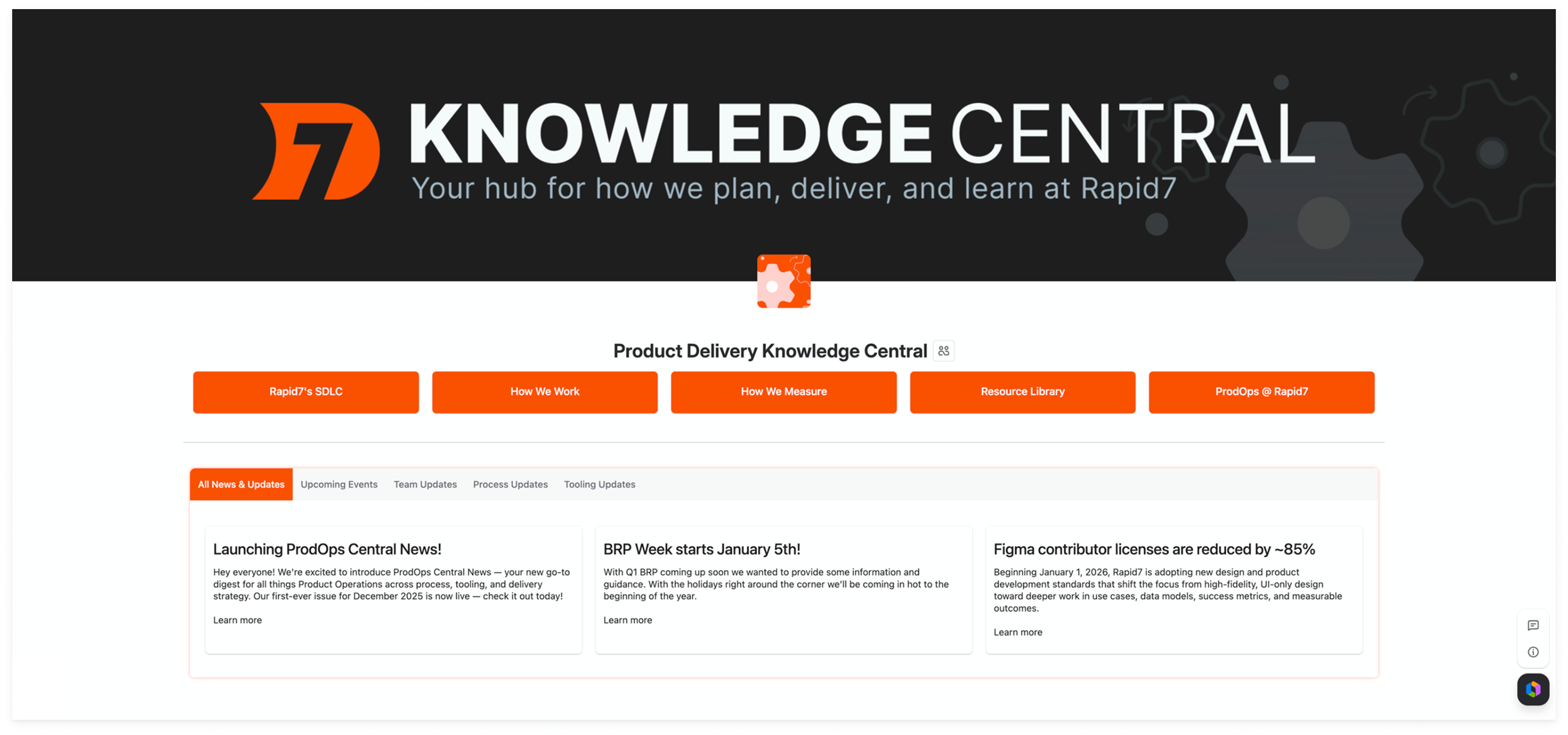 Knowledge Central: the centralized hub consolidating all process documentation, tooling guidance, and operational standards